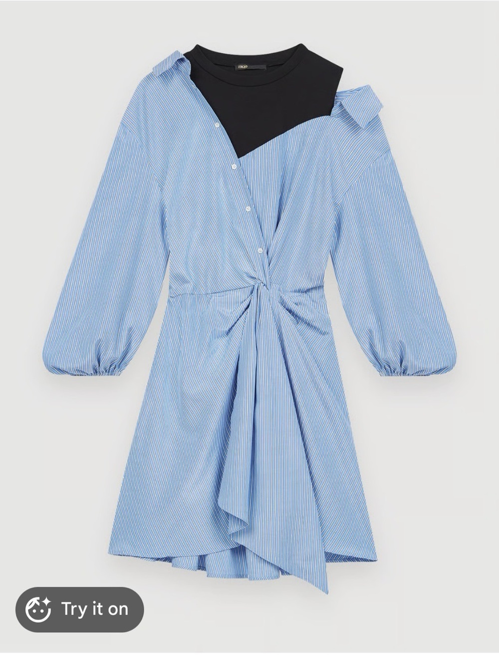 Maje Trompe L’Oeil Shirt Dress Blue Striped Off-Shoulder Tie Front Mini Dress